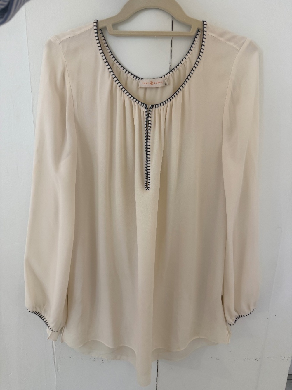 Tory Burch White Long Sleeve Blouse with Black Stitching